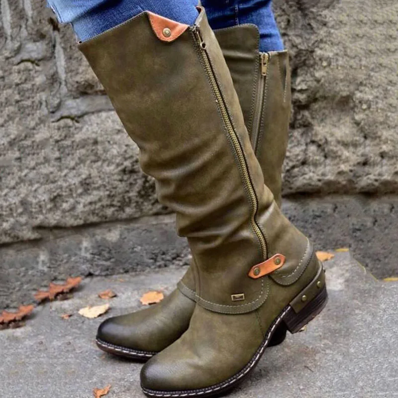 

Women Knee High Boot Leather Boots Round Toe Side Zipper Boots Casual Shoes for Winter J9