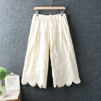 

2020 New Summer Women Pants Japan Style Cotton and linen Embroidery Wide leg pants Loose Solid Color Women's cropped pants
