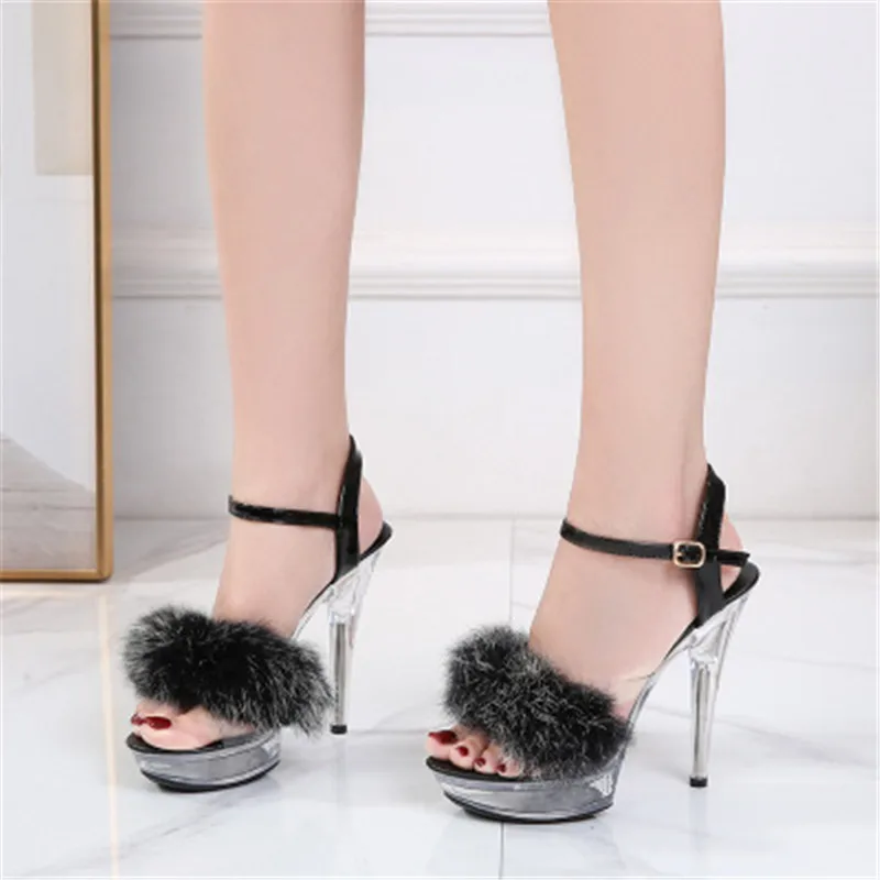 Sandals Woman Summer Ladies Fur Transparent High Heels 13/15CM Platform Open Toe Women Wedding Shoes Black White | Обувь