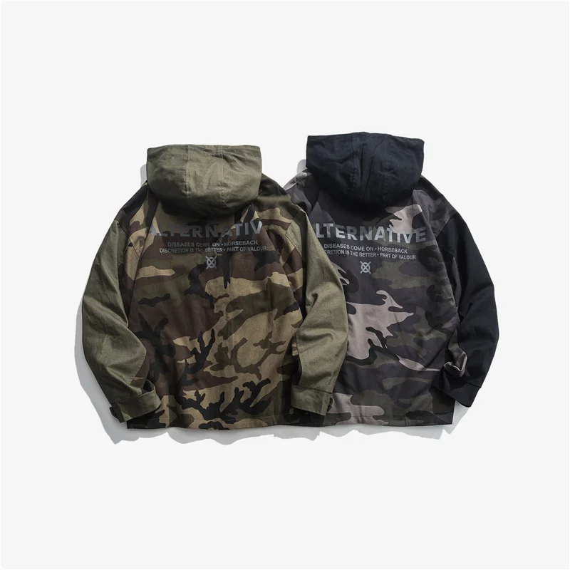 Forn3 Осень стиль смешанные цвета печатные буквы камуфляж пальто японский стиль мульти-карманы с капюшоном куртка Мужская Популярные отруби