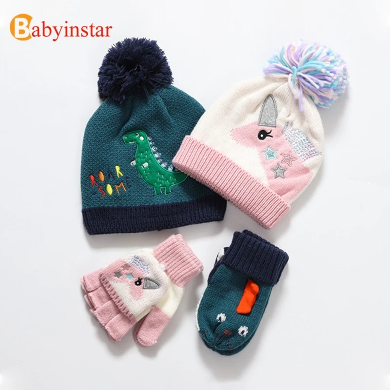 Babyinstar, зимняя шапка, перчатки, комплекты из 2 предметов для девочек, шапка Единорог для маленьких мальчиков, Детская вязаная Толстая детская шапочка, теплая шапка для малышей