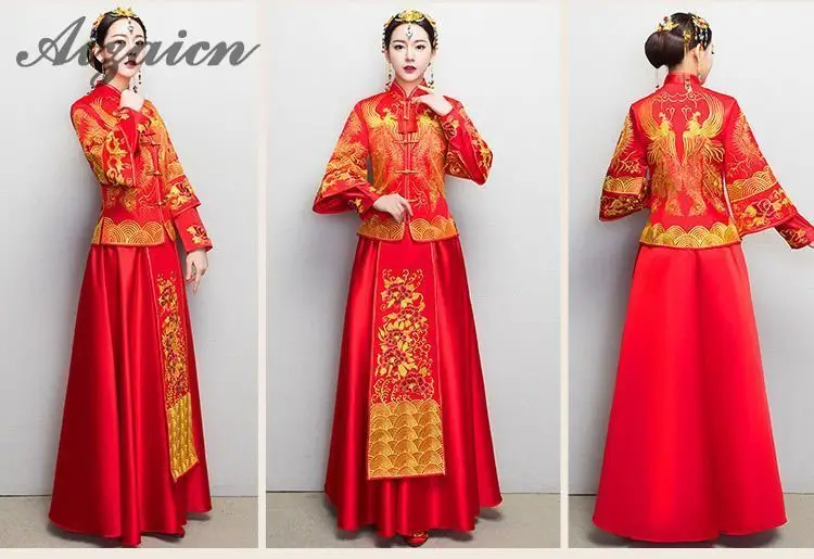 Новый китайский Cheongsam красный Qipao невесты свадебное платье для женщин феникс вышивка традиционный вечернее Женская мода узор