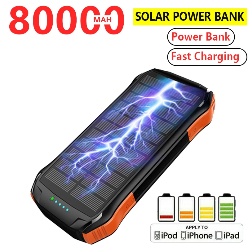 portable wireless charger 10W Qi 80000mAh Solar Power Bank Fast Charger 18W Fast Charging Powerbank USB Type-C Poverbank For iPhone 11 pro Samsung PD portable usb charger