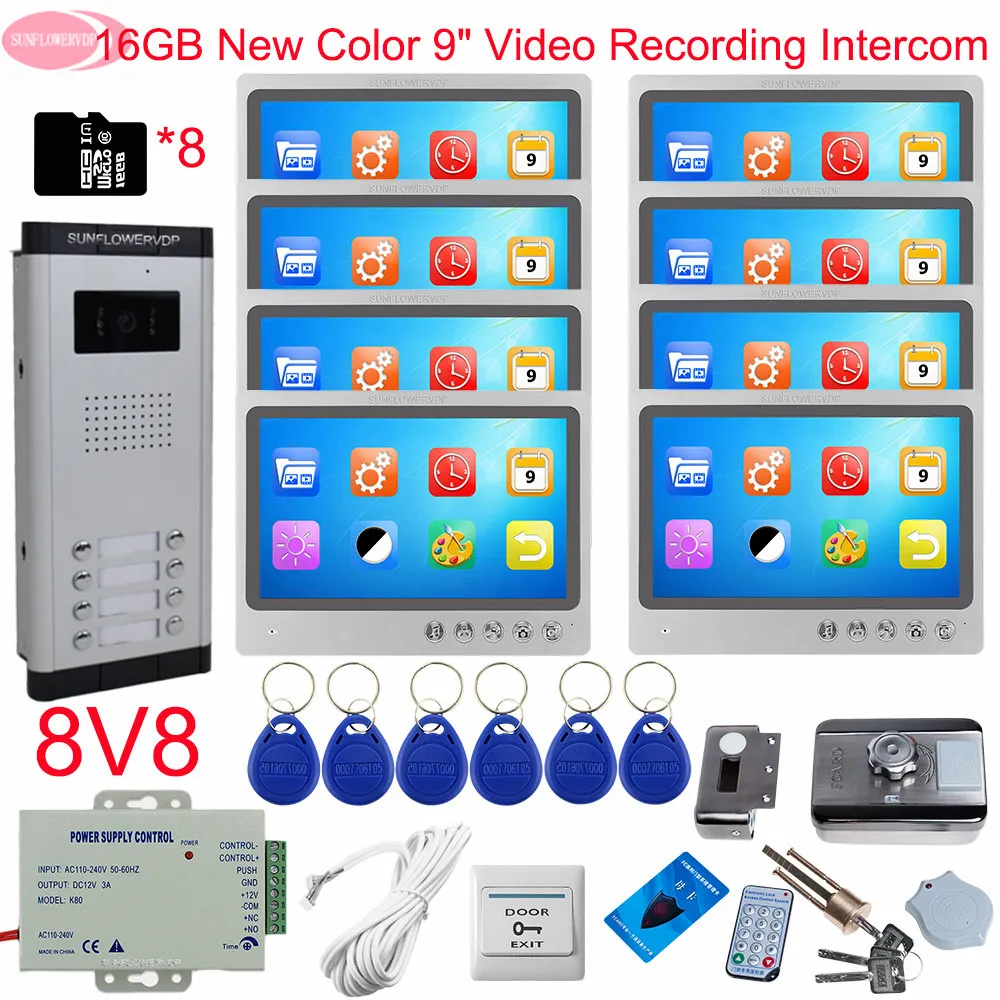 cheap 9inch Color Monitoring Camera System For 4 8 Apartments Video Door Phone With Recording +16 GB TF Card With Rfid Electronic Lock