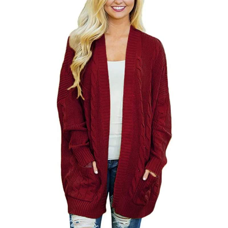 red Повседневный длинный вязаный кардиган, зимний, корейский, элегантный, женский, свободный, сплошной цвет, с карманами, верхняя одежда, свитер, куртка, накидка, топ, YHX100 - Цвет: red