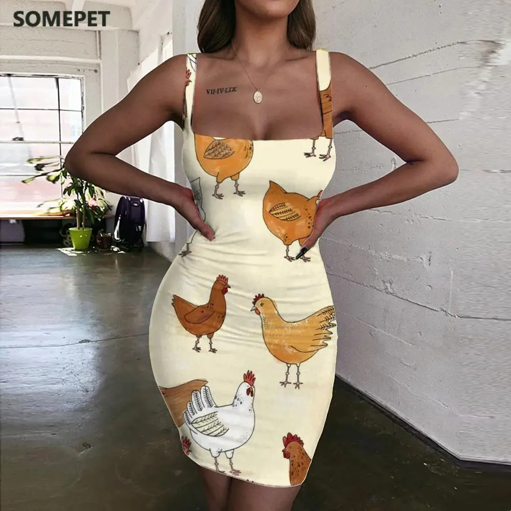 

SOMEPET Chickens Dresses Women Animal Sundress Harajuku Vestido Sexy Home Halter Sleeveless Womens Clothing Party Vintage