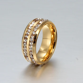 

2020 Hot New Gold Black Color Crystal Ring For Women Men Two Rows Female Men Ring Fashion Stainless Steel Wedding Jewelry