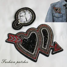 

1pc beaded embroidered arrow heart Patches for Clothing sew on rhinestone sequin parches Appliques Decoration Badge parche