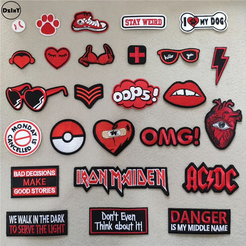 

(46 Different Styles can Choose) Red Lips Patches for Clothing Embroidered Appliques Iron on Badges Stripes Stickers on Clothes