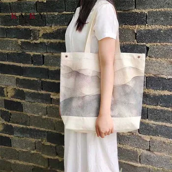 

2020 New Canvas Landscape Printing Large-capacity Shoulder Bag Reusable Shopping Bag Ladies Fashion Tote Bags Beach Bags Black