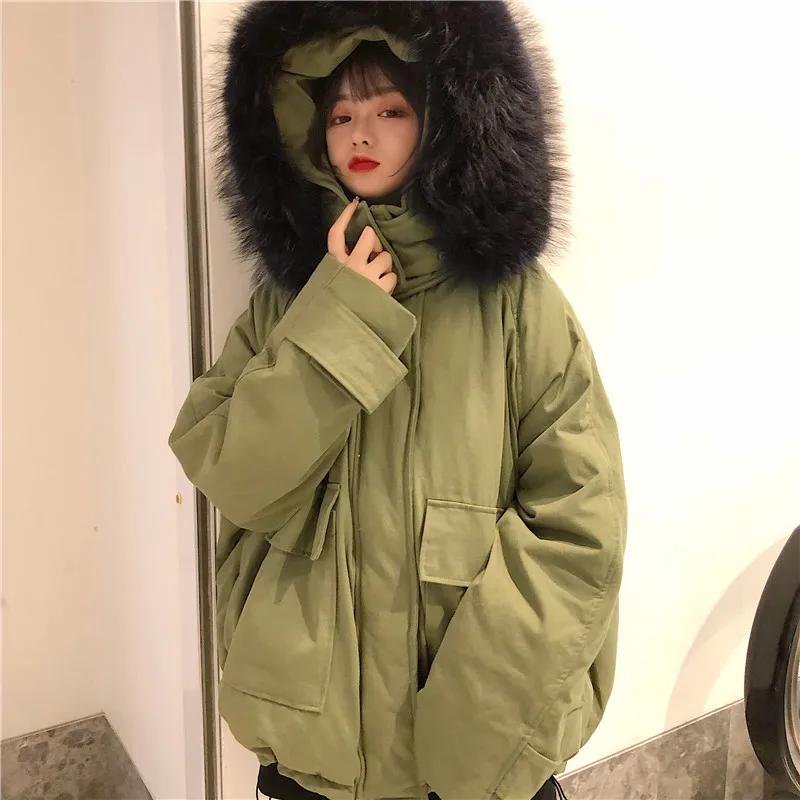 

Fur Collar Hooded Workwear Coat Women's Winter New Style Casual Loose-Fit Pocket Velcro Zipper Thick Warm Cotton Coat