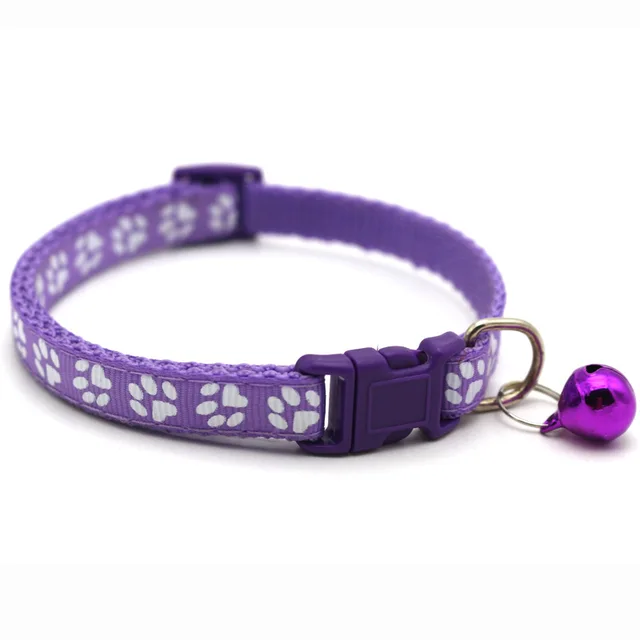 The New Pet Collar, Adjustable Colored Collar with Bell for Positioning and Cat Paw Dog Print Traction Accessories Purple