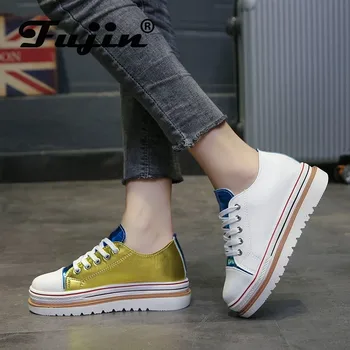 

fujin platform flats women shoes 2020 spring leather pu lace up thick heel women casual shoes sneakers platform moda mujer