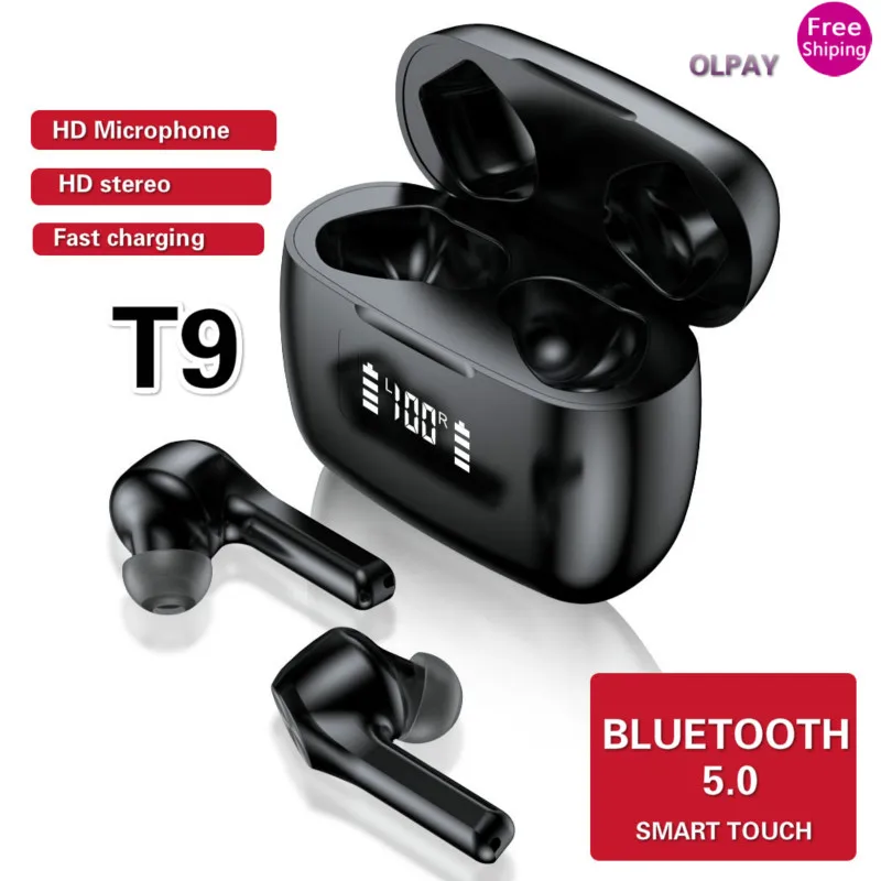 New T9 Bluetooth Headphone with Microphon 5 0 Waterproof Sport Earphone Stereo HIFI Earbud LED TWS Headset for Celulares Iphone