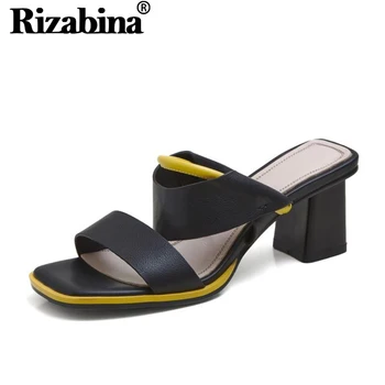 

RIZABINA Women Sandals Shoes Fashion Square High Heels Slippers Shoes Women Real Genuine Leather Casual Footwear Size 34-39