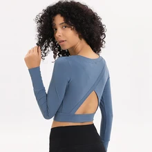 Zhangyunuo женский укороченный Топ с длинным рукавом, топы для йоги, спортивная одежда для активного отдыха, для фитнеса, тренажерного зала, Dyr Fit, одноцветная футболка для тренировок с открытой спиной