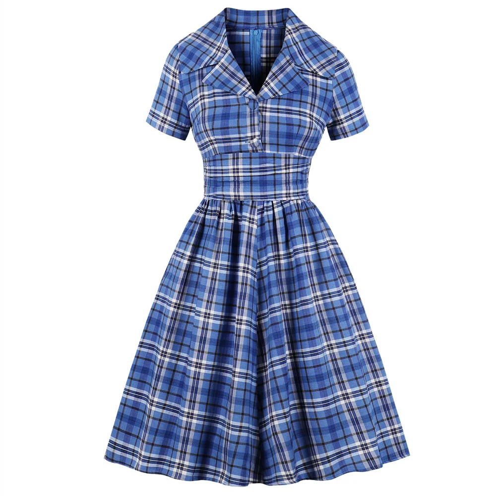 

Joineles Plus Size 4xl Blue Checks Women Retro Dress Lapel Collar Short Sleeves High Waist Vintage Dress Vestidos With Pockets