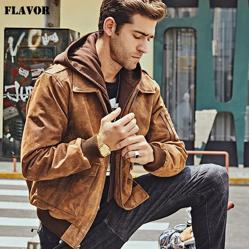 FLAVOR New Men's Genuine Leather Bomber Jackets Removable Hood Men Air Forca Aviator winter coat Men Warm Real Leather Jacket