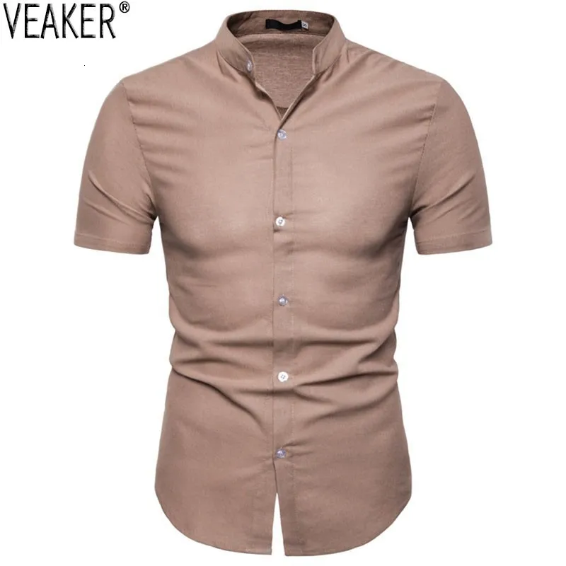 2019 новые мужские летние хлопковые мужские льняные рубашки Effen цвета Slim Fit Короткие Mouw мужские случайные рубашки с воротником-стойкой S-2XL
