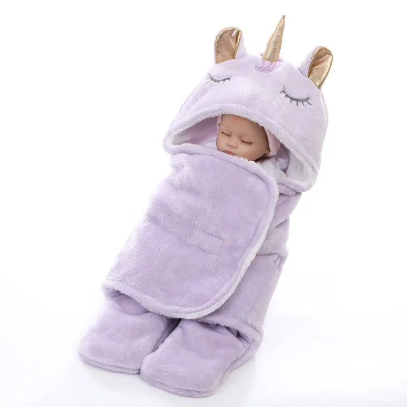 IMBABY/зимний спальный мешок с капюшоном и единорогом для малышей, фланелевый Теплый Пеленальный конверт для мальчиков и девочек, мягкий плотный Конверт для новорожденных - Цвет: Purple