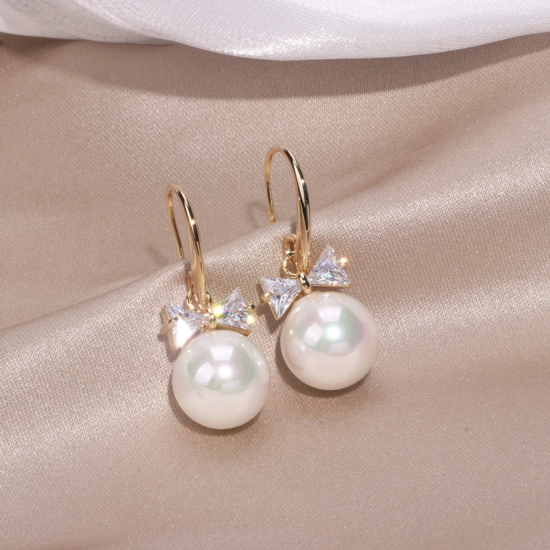 Classic Simulation Pearl Ball Drop Dangle Earrings For Women Cubic