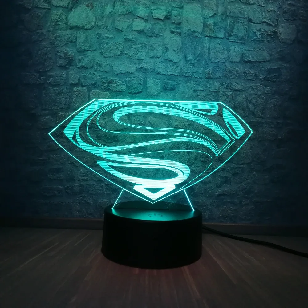 3D светодиодный DC Супермен логотип лампочки с символами, моделирующая лампа, 7 цветов, изменение иллюзии, настольный ночник, декор для комнаты, Детские вентиляторы, подарок, детская игрушка