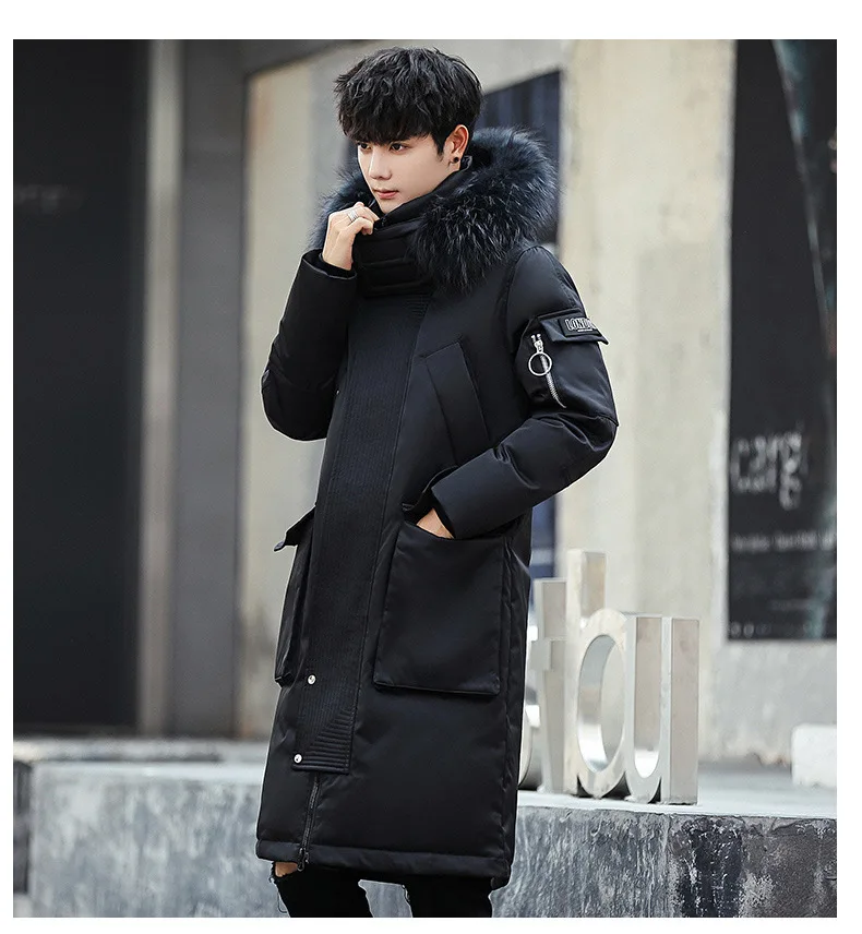 Зима, стиль, пуховик для мужчин, средней длины, Молодежный, с капюшоном, большой меховой воротник, белый утиный пух, толстый теплый пуховик