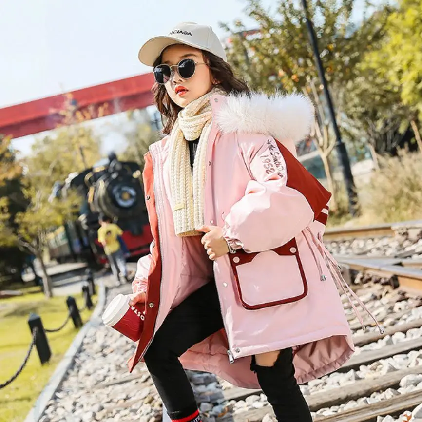 pink Одежда для маленьких девочек детское плотное теплое пуховое пальто Детская верхняя одежда с капюшоном, с ярким принтом зимние пуховики для девочек, Y2531 - Цвет: pink