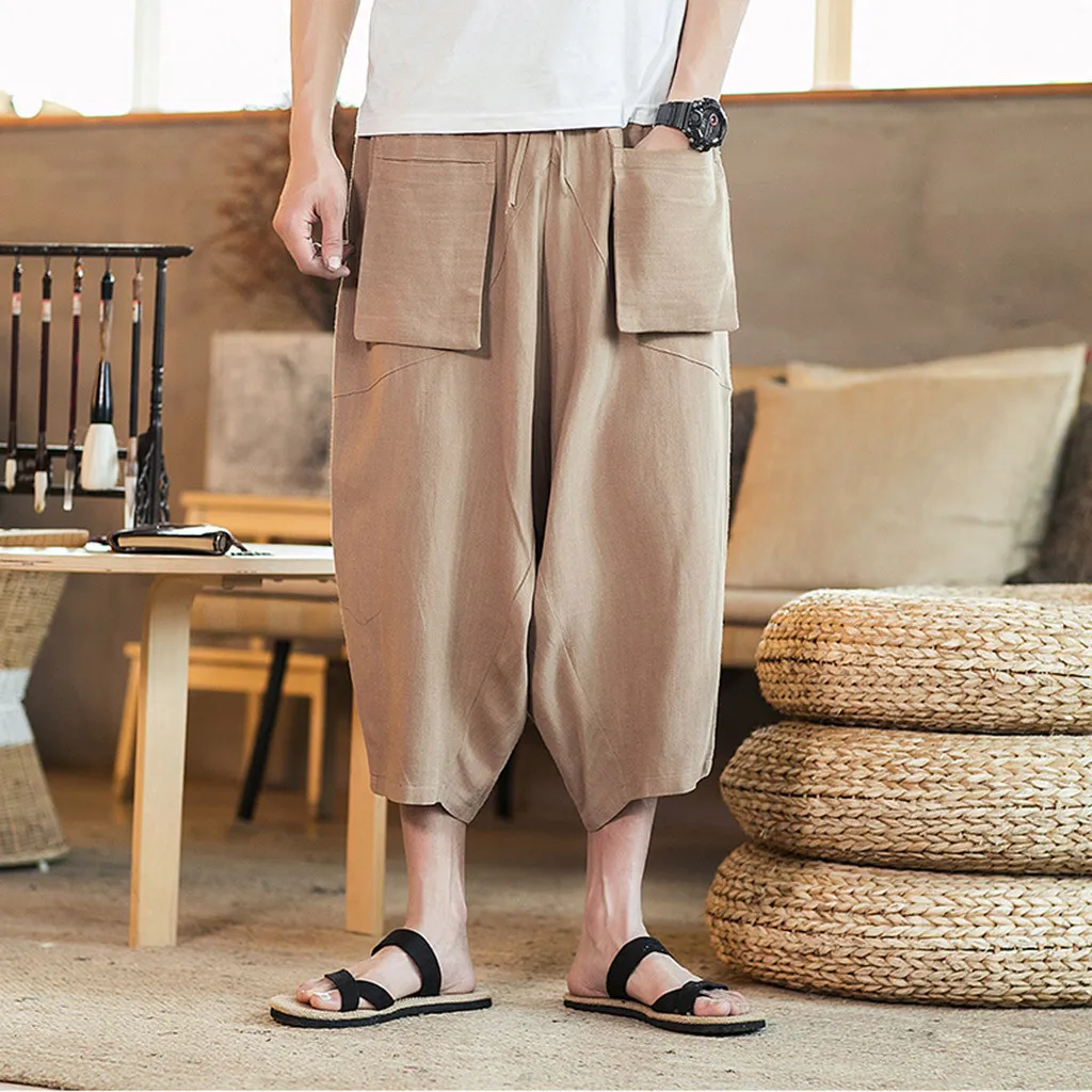 Khaki Мужские модные брюки льняной стиль Свободные повседневные дышащие уличные летние однотонные Спортивные Повседневные брюки M1003 - Цвет: Khaki