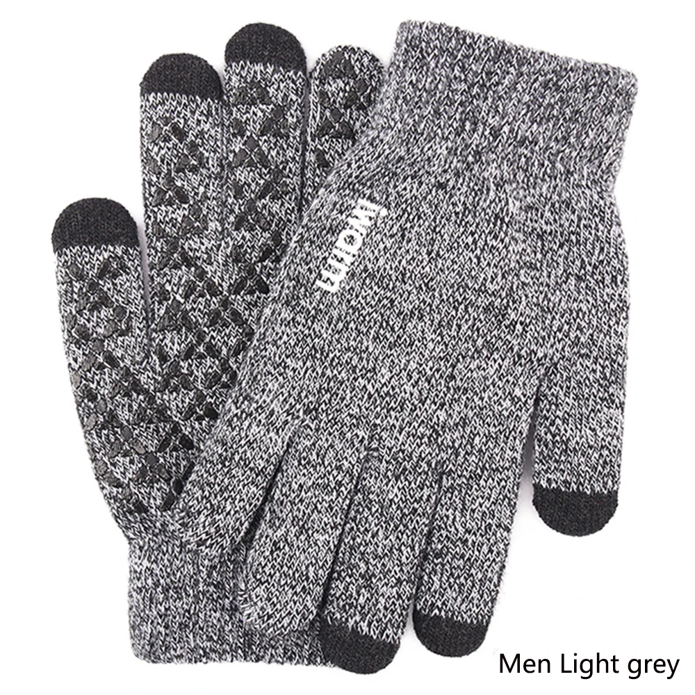 Men Light grey Унисекс, вязаные, для экранов перчатки шерсть из толстого плюша и на открытом воздухе с защитой от скольжения для мальчиков и девочек штормовки-грелка пара варежки полный палец перчатки - Цвет: Men Light grey