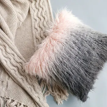 

DUNXDECO Cushion Cover Decorative Pillow Case Modern Pink Gray Gradient Color Imitation Beach Wool Plush Coussin Seat Cushion