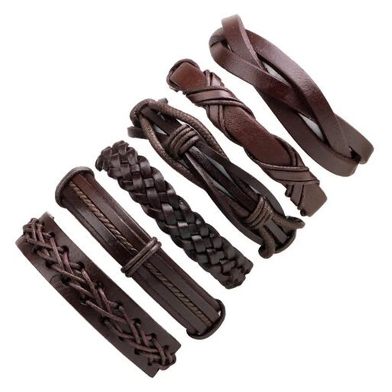 New Trendy 6pcs/set Woven Punk Vintage Charm Leather Women Bracelets Bangles Men Femme Homme Wholesale Bracelet Jewelry | Украшения и