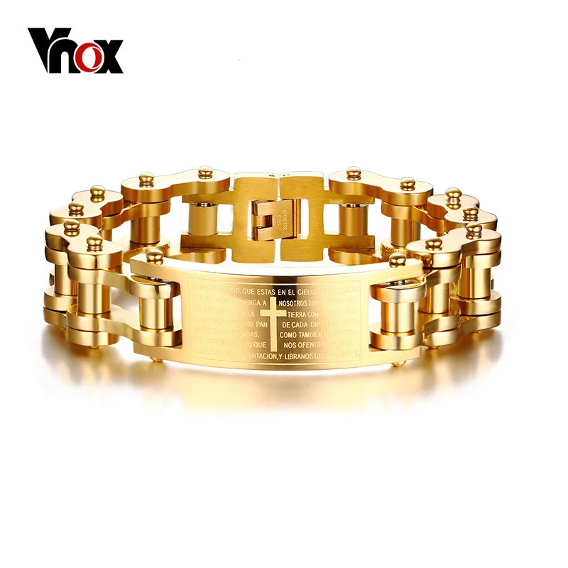 Online Vnox 17,5 MM de ancho pesado de la Biblia de los hombres Cruz bicicleta cadena pulsera de oro tono Acero inoxidable motocicleta bicicleta Braslet masculino joyería