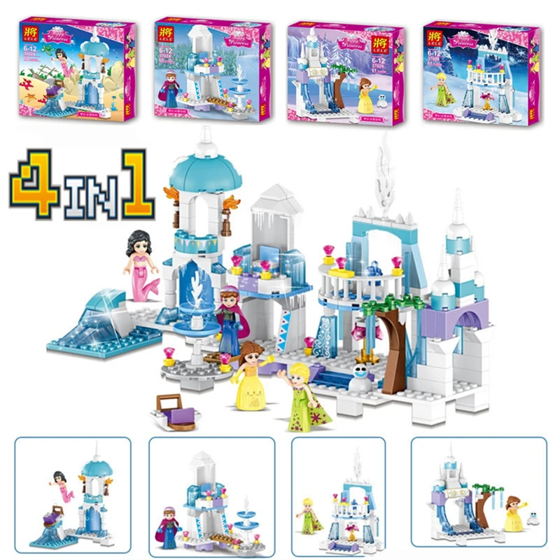 

4 in 1 Girls Princess Mermaid Elsa Anna Ice Castle Building Blocks Toys Set Compatible Friends Brick Toys Gift for Girl