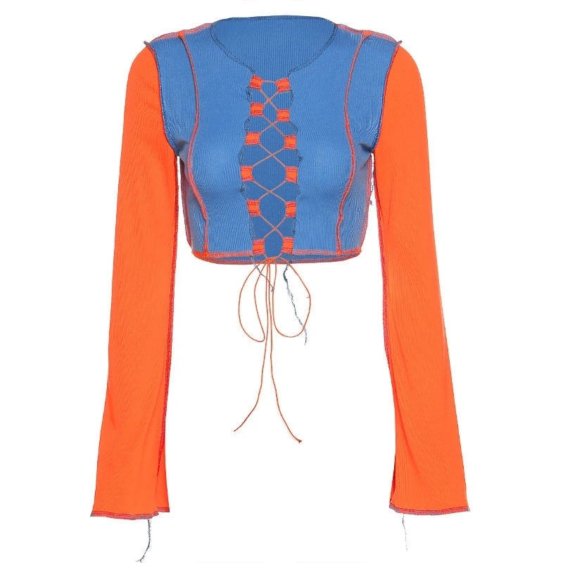 Sexy Hollow Out Bandage Tops Women Neon Color Ribbed Knitting Tee Shirt Autumn Club Party Street