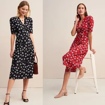 

Summer 2020 New Women's Printed Dress Short Sleeve V-Neck Lace Side Button Dress Mid-Long Female Dress
