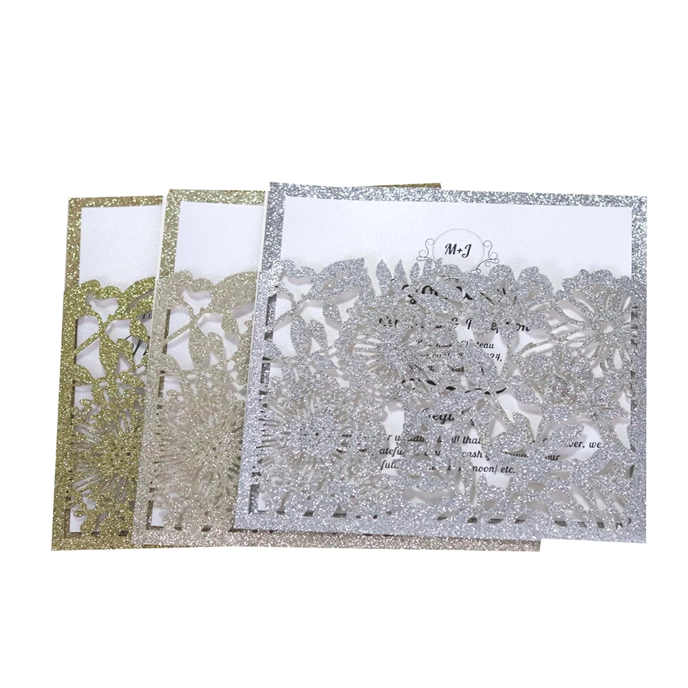  10pcs European-style Pocket Invitation Laser Hollow Invitation Silver Rose Gold Golden Powder Glitt - 4.0005E+12