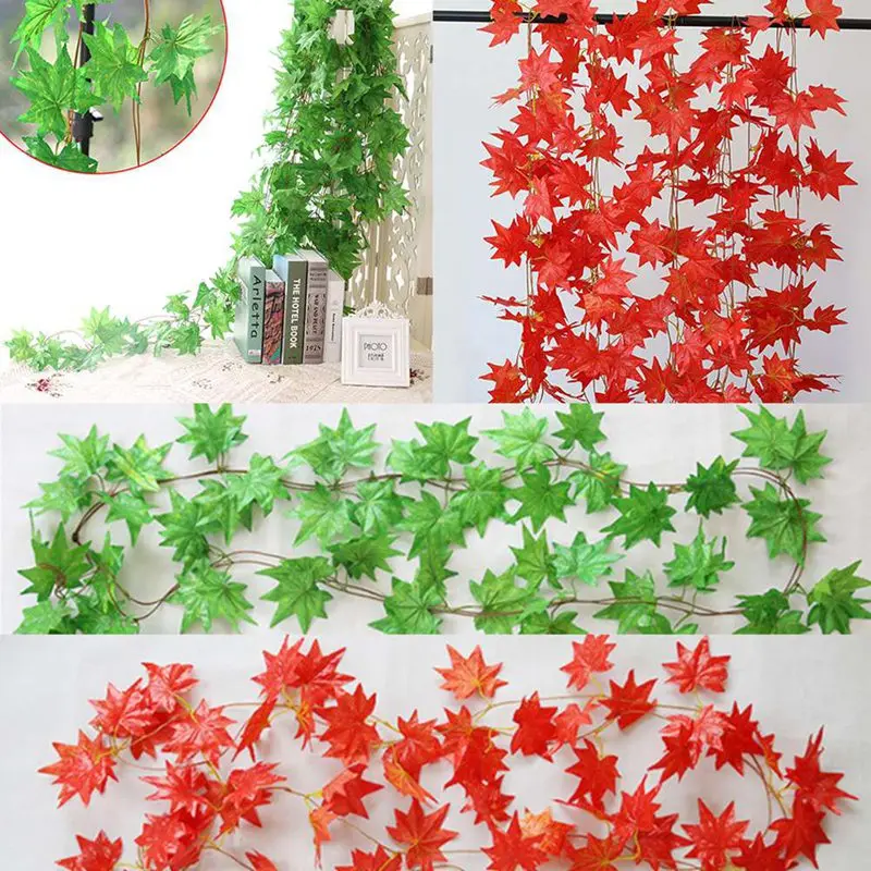 Artificial Greenery Fake Maple leaf Hanging Vine Plants Leaves Ratten For Home Party Decoration cheap YH