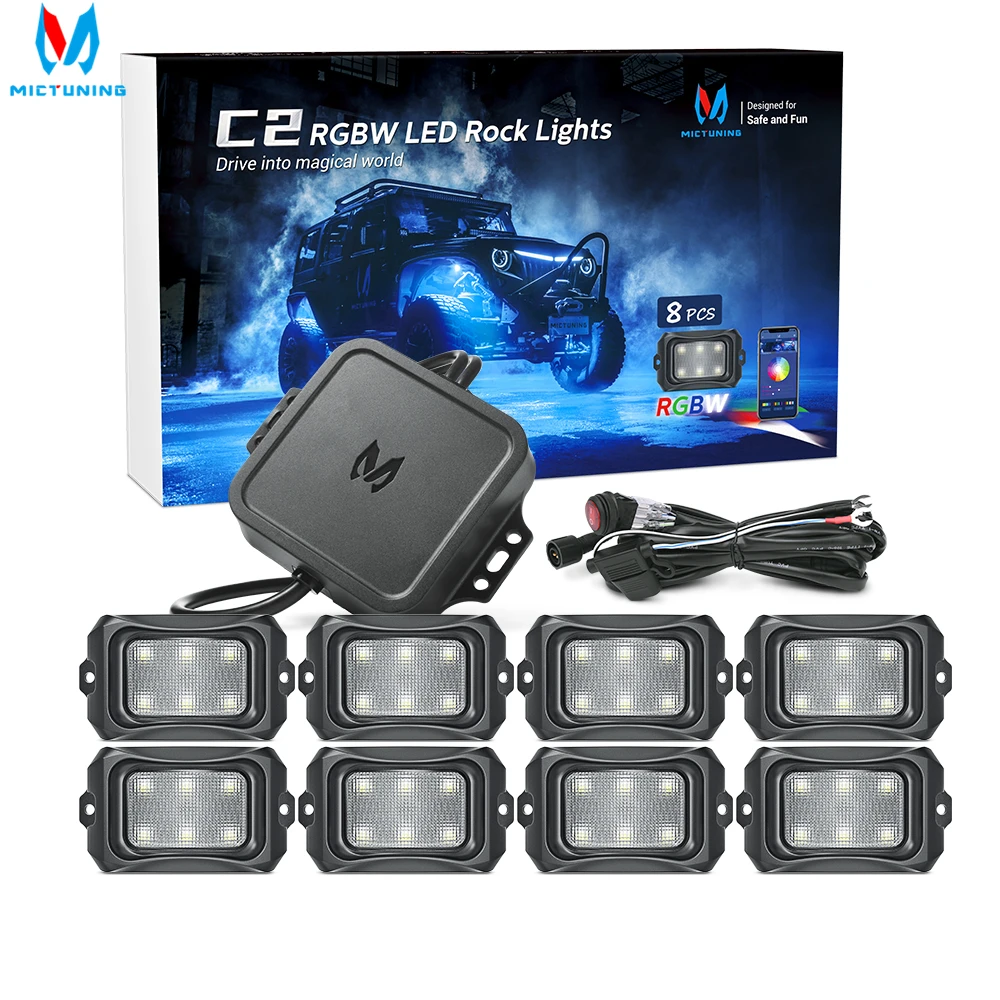 US $134.72 MICTUNING Upgraded C2 8 Pods RGBW LED Rock Lights With Bluetooth Music Mode Curved Surface Multicolor Underglow Neon Lights Kit