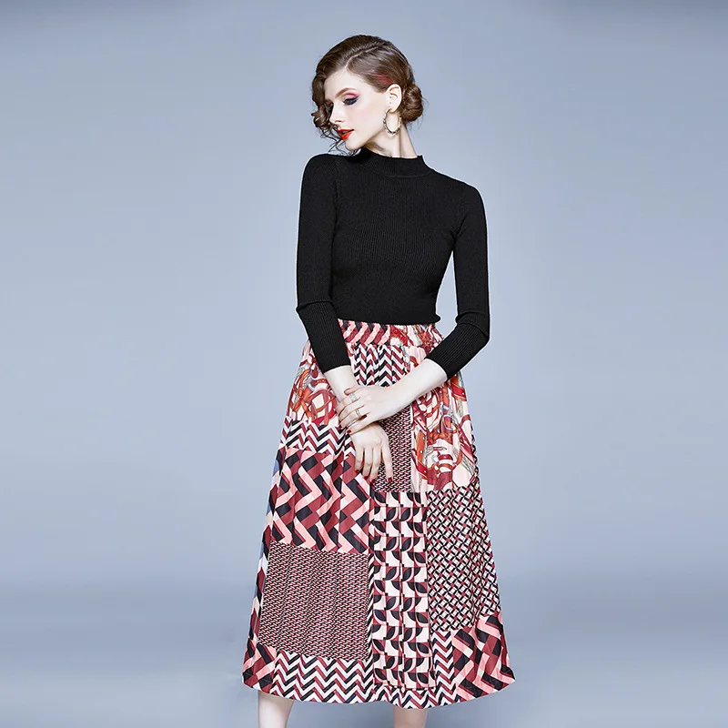 

Europe And America 2019 Winter Long Sleeve Solid Color Sweater + Elastic Waist Contrast Color Pleated Skirt-Style Two-Piece Set