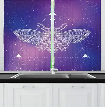 

Multicolor Goth Kitchen Curtains Hand-Drawn Psychedelic Moth Motif Circulated Around Geometric Galaxy Theme for Kitchen Cafe
