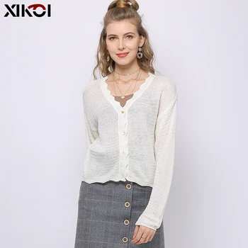 

Xikoi Summer Autumn Women Korean Fashion Sexy Long Sleeve Open Front Button Up Knitting Cardigan Crop Top Short Sweaters V-Neck