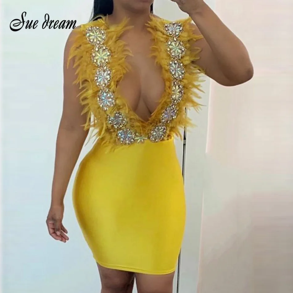 Новое модное сексуальное женское желтое Бандажное платье с глубоким v-образным вырезом на бретельках с перьями и бисером, Клубное вечернее платье vestidos