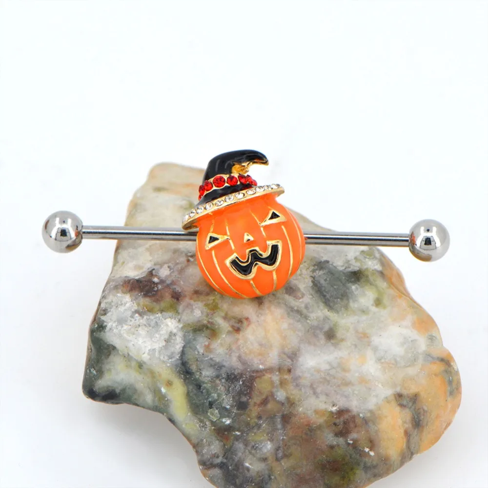 Body Punk 14G 316L Stainless Steel Orange Epoxy Cute Pumpkin Industrial Barbell Halloween Day Industrial Piercing Bar Industrial