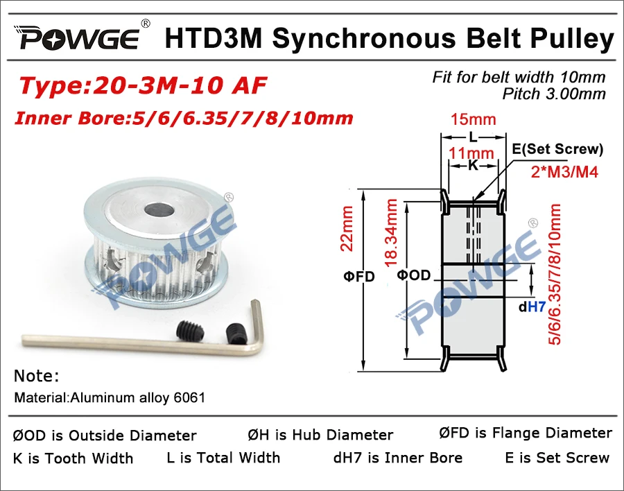 POWGE 20 Зубы HTD 3 м Сроки ролик Диаметр 4/5/6/6,35/7/8/10 мм для Ширина 10 мм 3 м Синхронный ремень HTD3M привод со шкивами 20 Зубы 20т