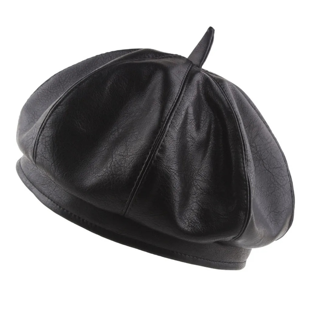 Черный Новая женская зимняя Осенняя шапка берет Женская Кожаная Шапка Gorras мягкие тыквенные одноцветные бейсболки s Casquette Boinas Sombrero Mujer - Цвет: Черный