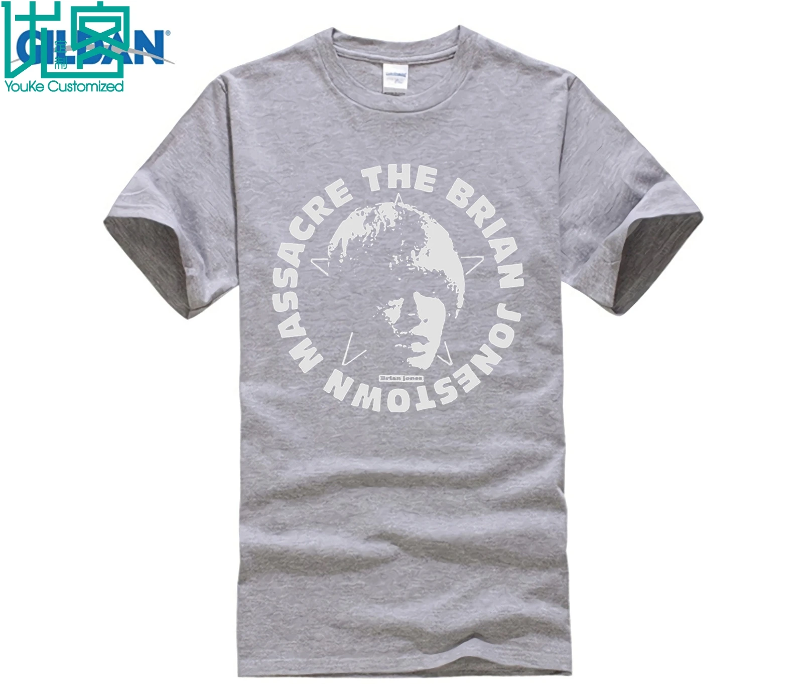 Футболка с надписью «logo' The Brian Jonestown Massacre»-Новинка! Футболки; брендовая одежда; приталенная одежда с принтом и круглым вырезом - Color: light grey