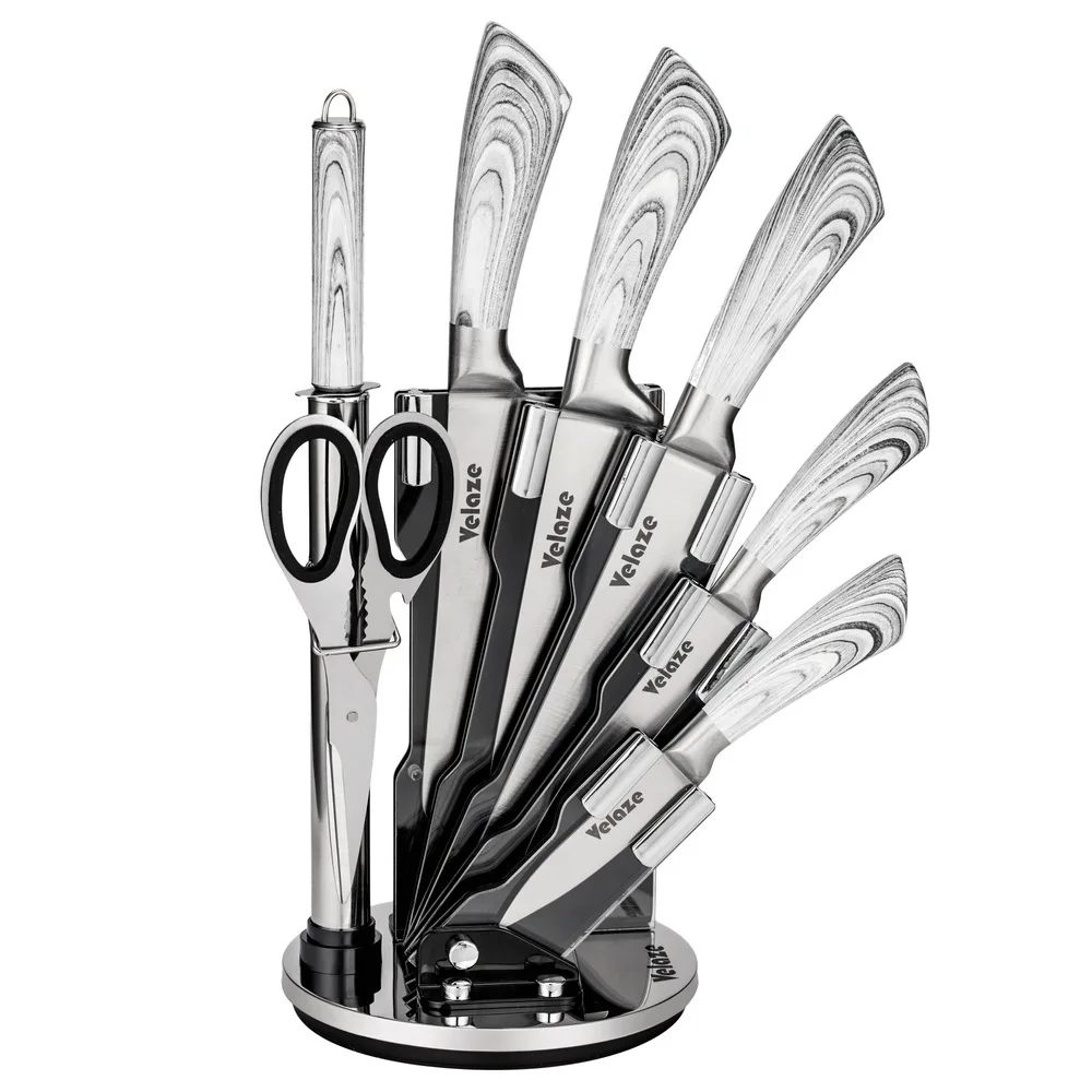  Velaze Knife Sets 8 Piece Stainless Steel Kitchen Set with Sharpener and Spinning Block Santoku Che - 32973356381