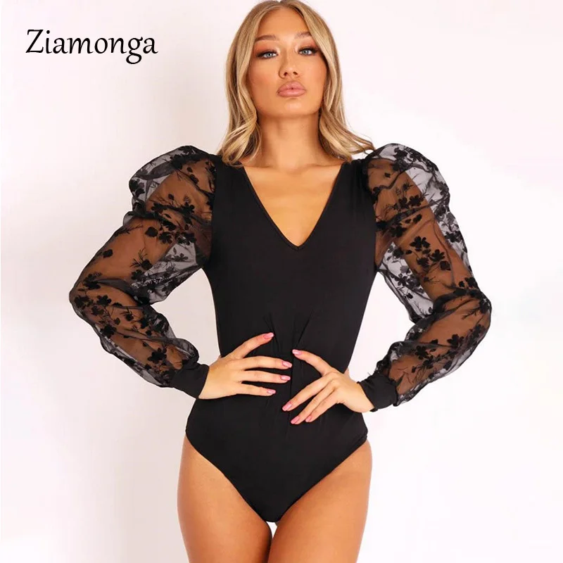 Black Ziamonga,, Сетчатое, с длинным рукавом-фонариком, из кусков, сексуальное боди, Осень-зима, женская уличная одежда, Клубные боди, женские топы - Цвет: Black