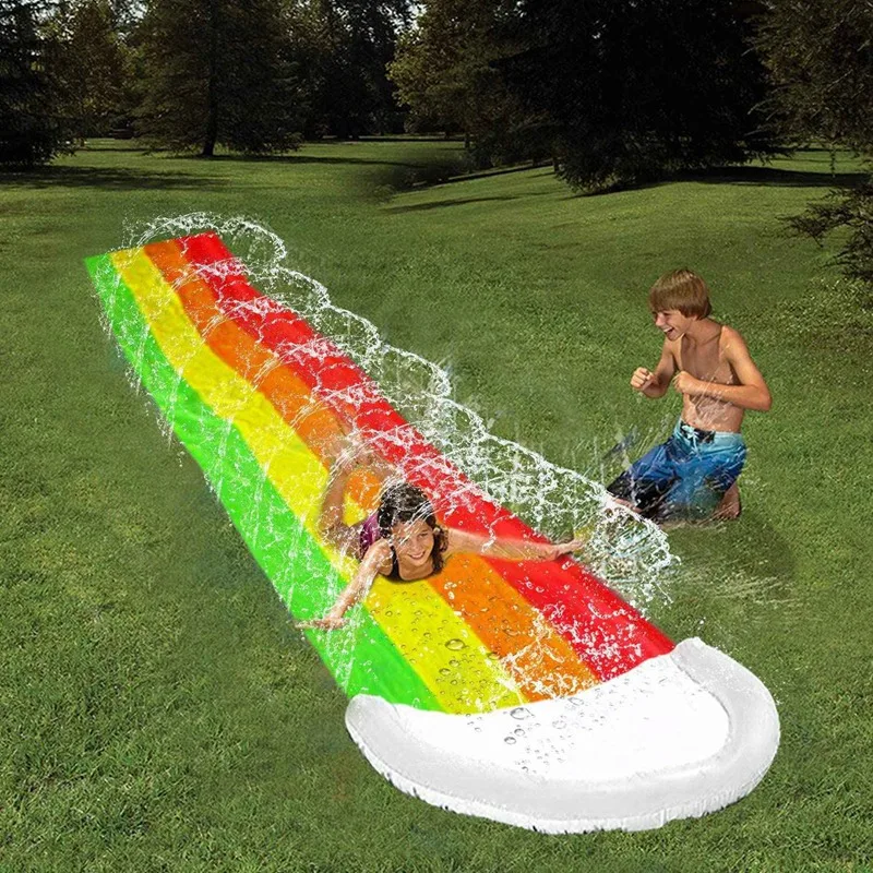 

Lawn Water Slides Rainbow Slip Slide with Splash Sprinkler and Crash Pad for Kids Backyard Swimming Pool Games